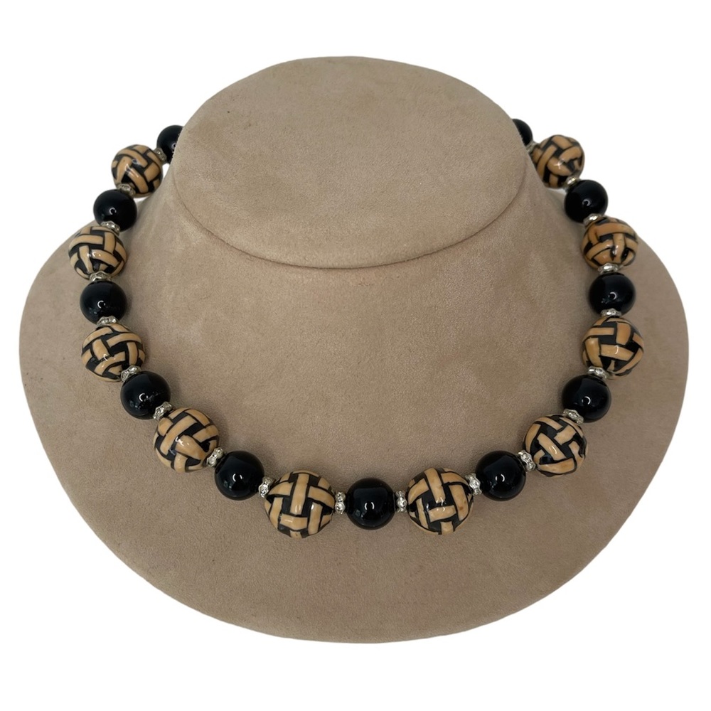 Basket Weave Beads, Black Onxy, Sterling Silver & Swarovski Crystal Necklace